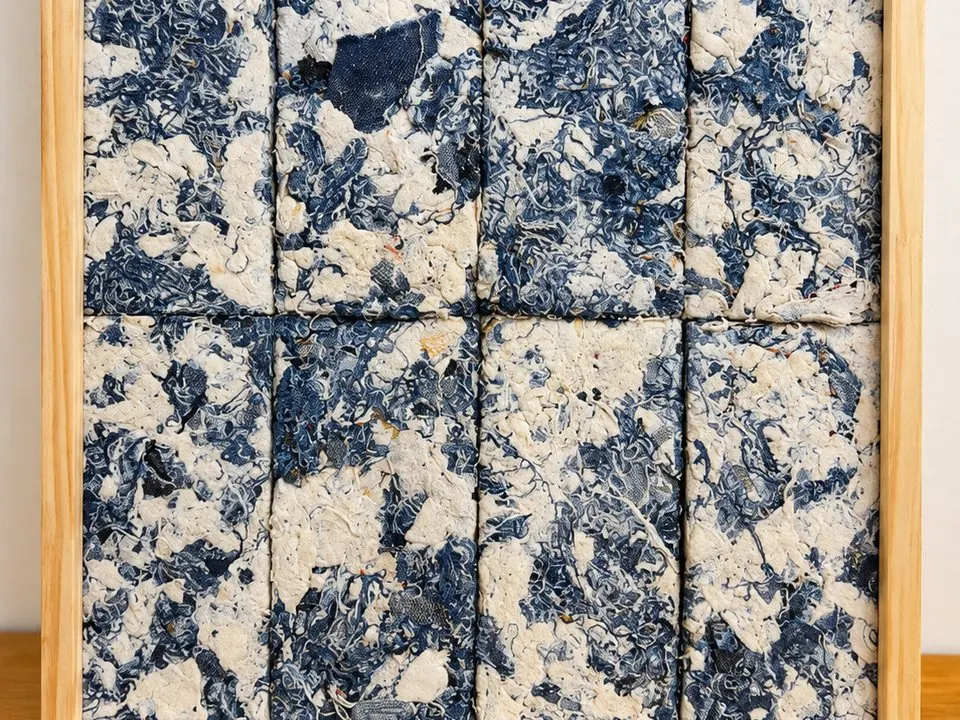 Ocho paneles Requecho en azul y crudo dentro de un marco de madera: se ven el espesor y la densidad de las fibras.